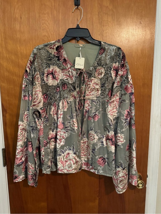 Free People Tops - Free People Olive Green Floral Sequin Tie-Front Top